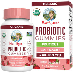 MaryRuth Organics strawberry probiotic gummies in a jar for daily digestion support.