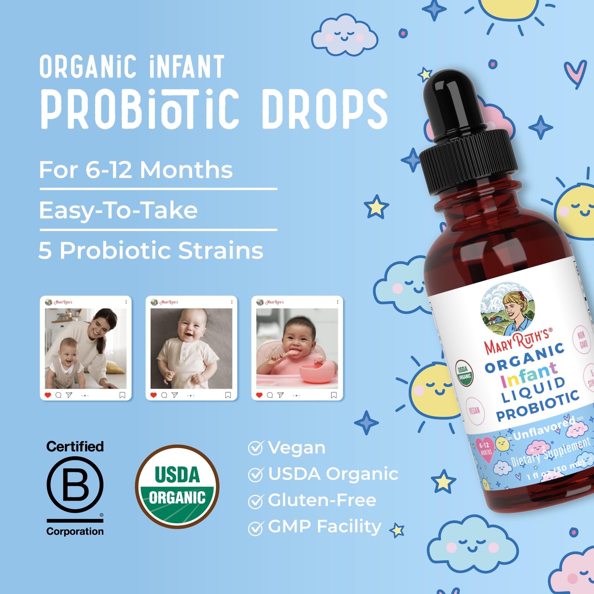 MaryRuth Organics infant probiotic drops shown in GMP facility context.