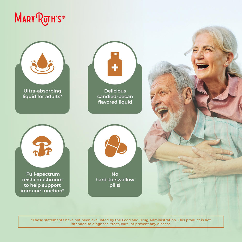 MaryRuth Organics Reishi full-spectrum mushrooms label signals rich bioactives.