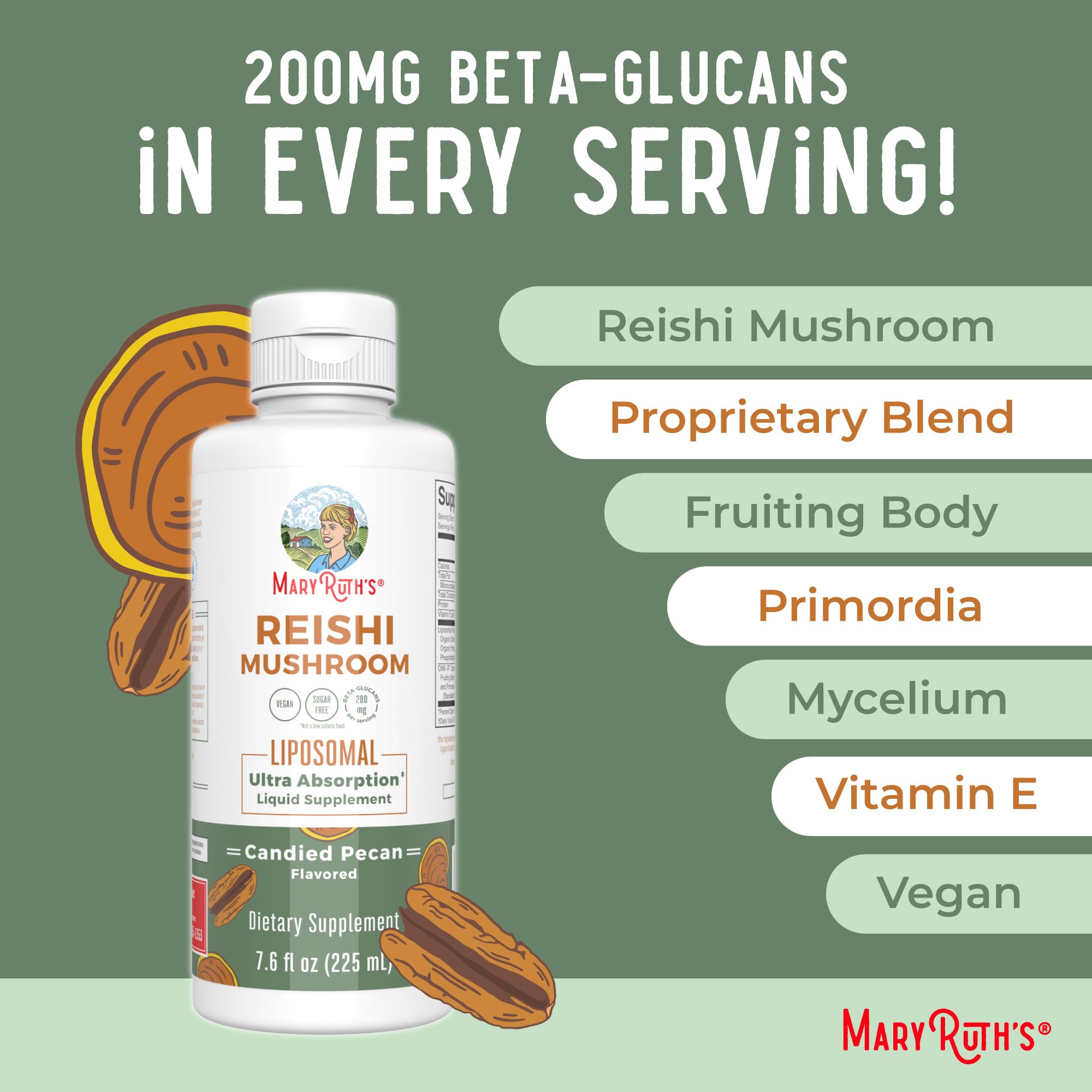 MaryRuth Organics Reishi vegan ingredients panel emphasizes plant-based formula.