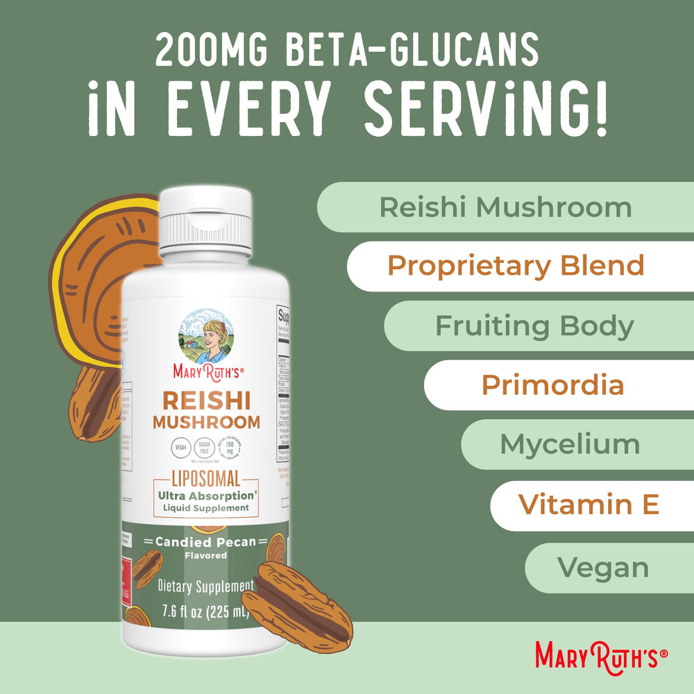 MaryRuth Organics Reishi vegan ingredients panel emphasizes plant-based formula.