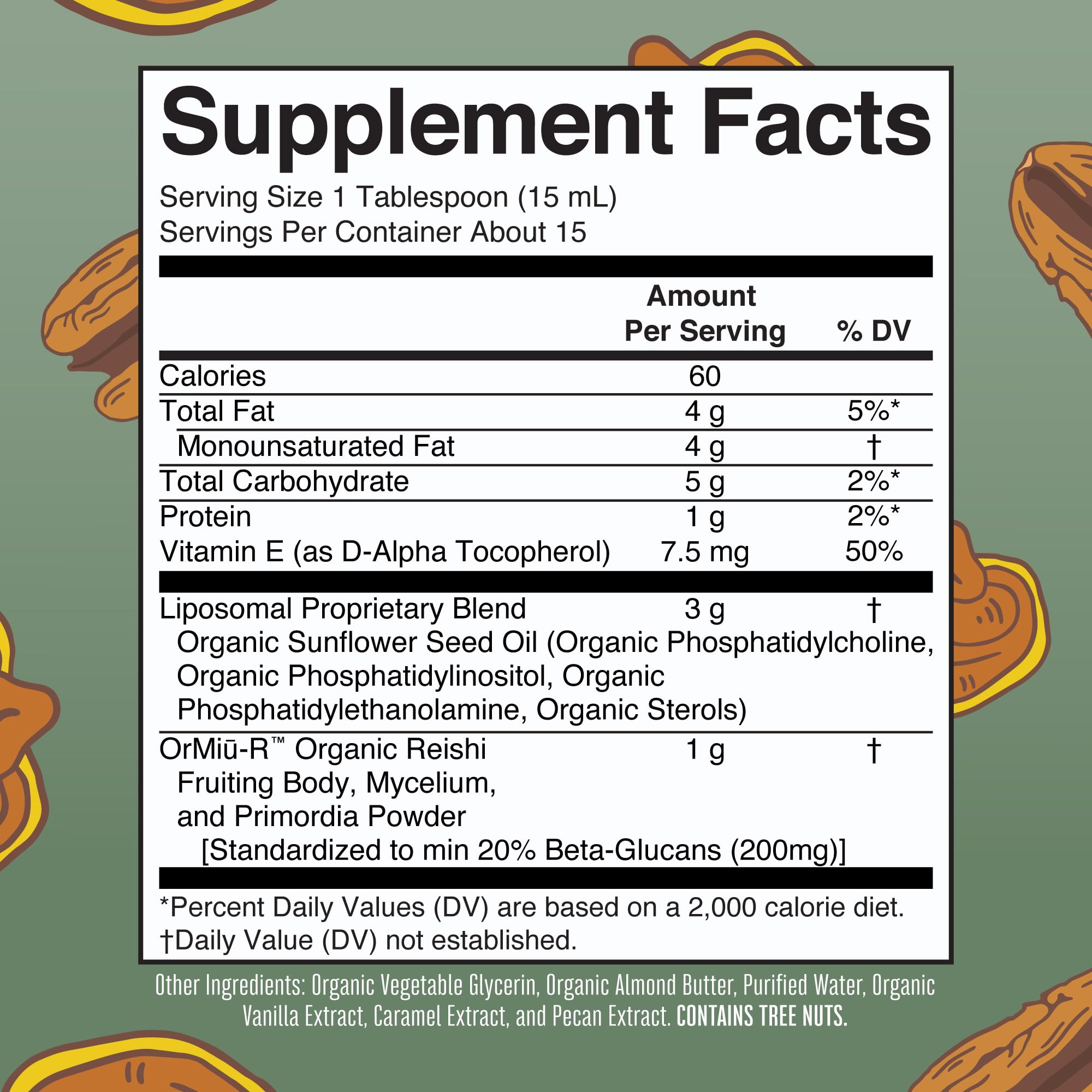 MaryRuth Organics Reishi liquid in glass highlights candied pecan flavor.