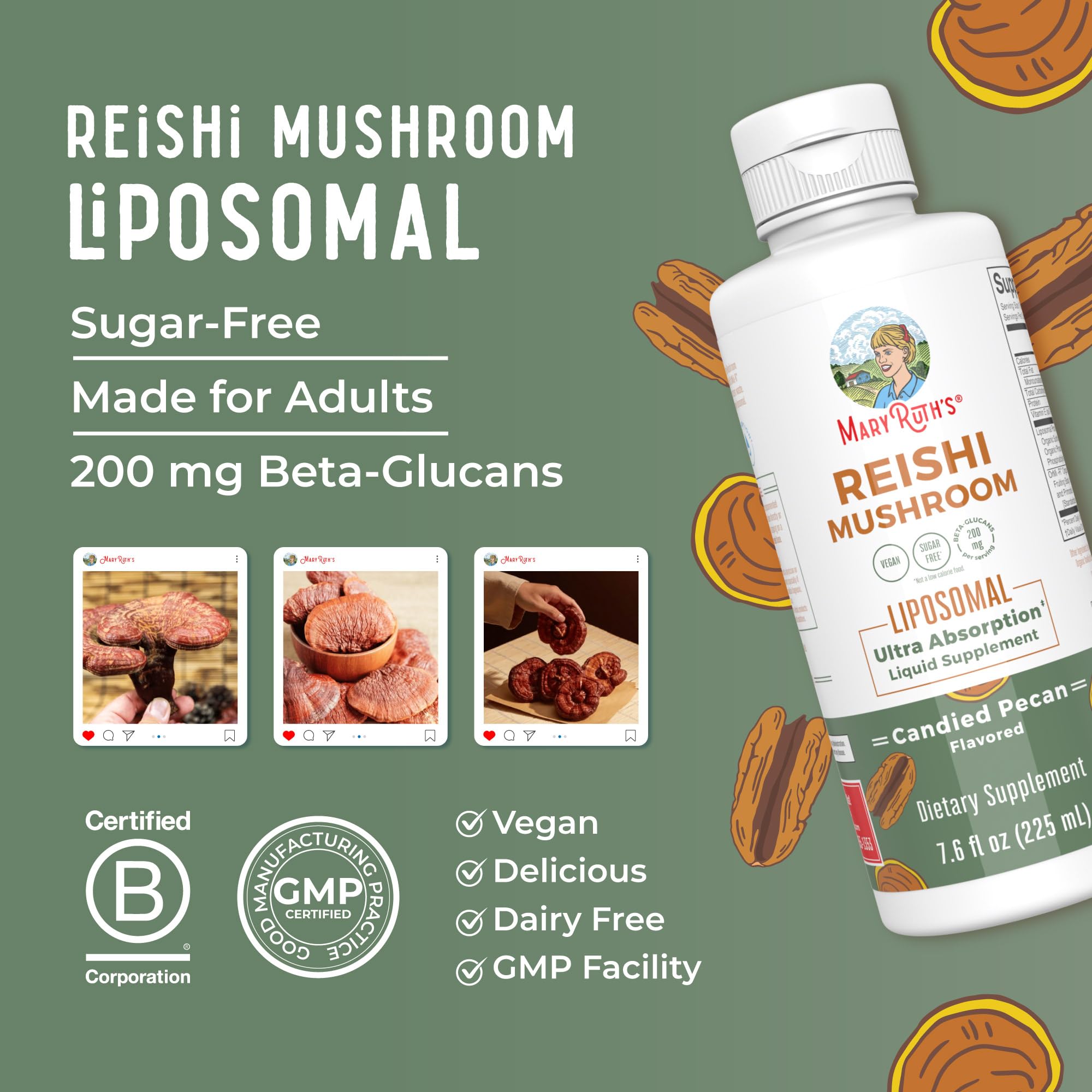 MaryRuth Organics Reishi vegan label close-up notes dairy-free and gluten-free.