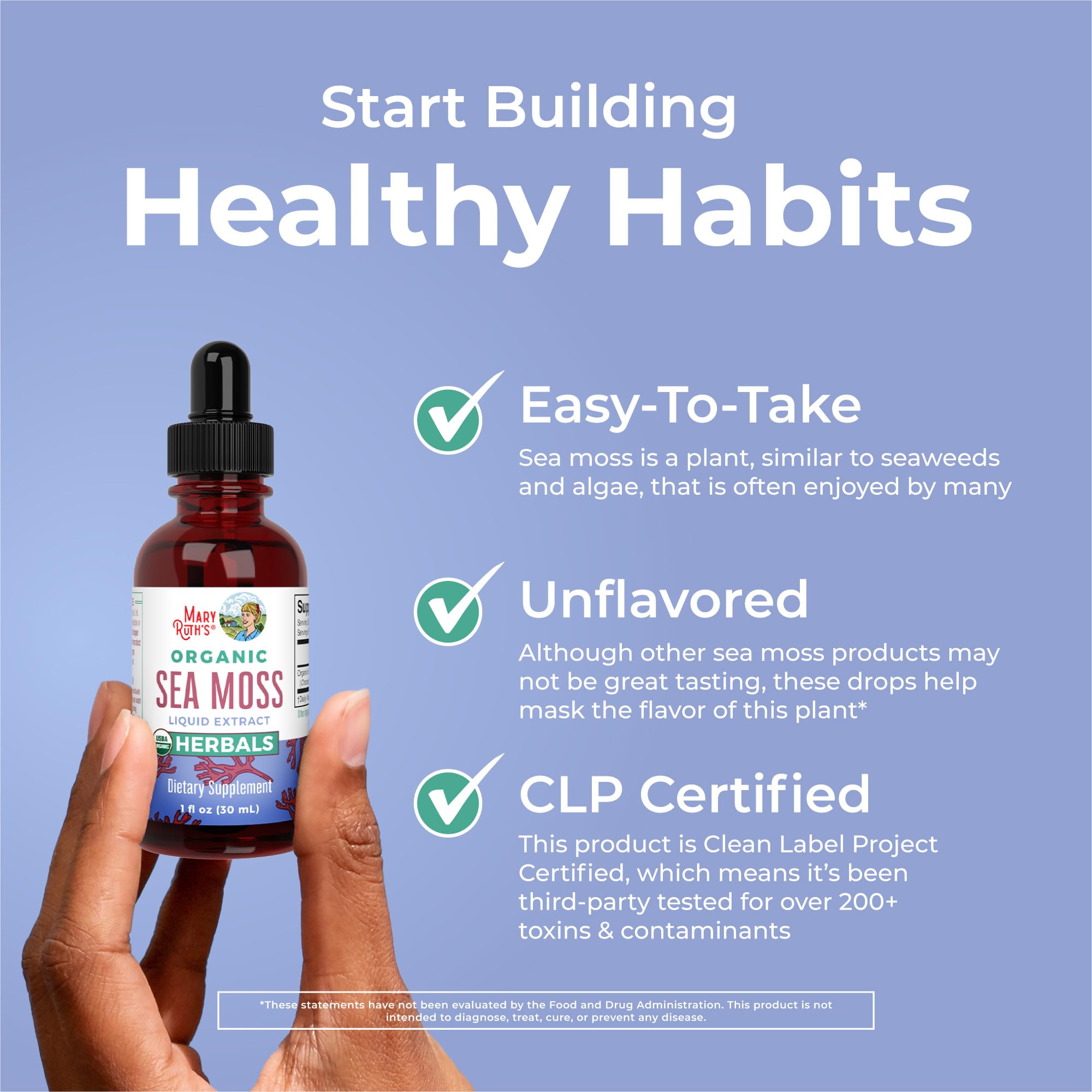 MaryRuth Organics Sea Moss Drops ingredients panel lists organic glycerin and water.