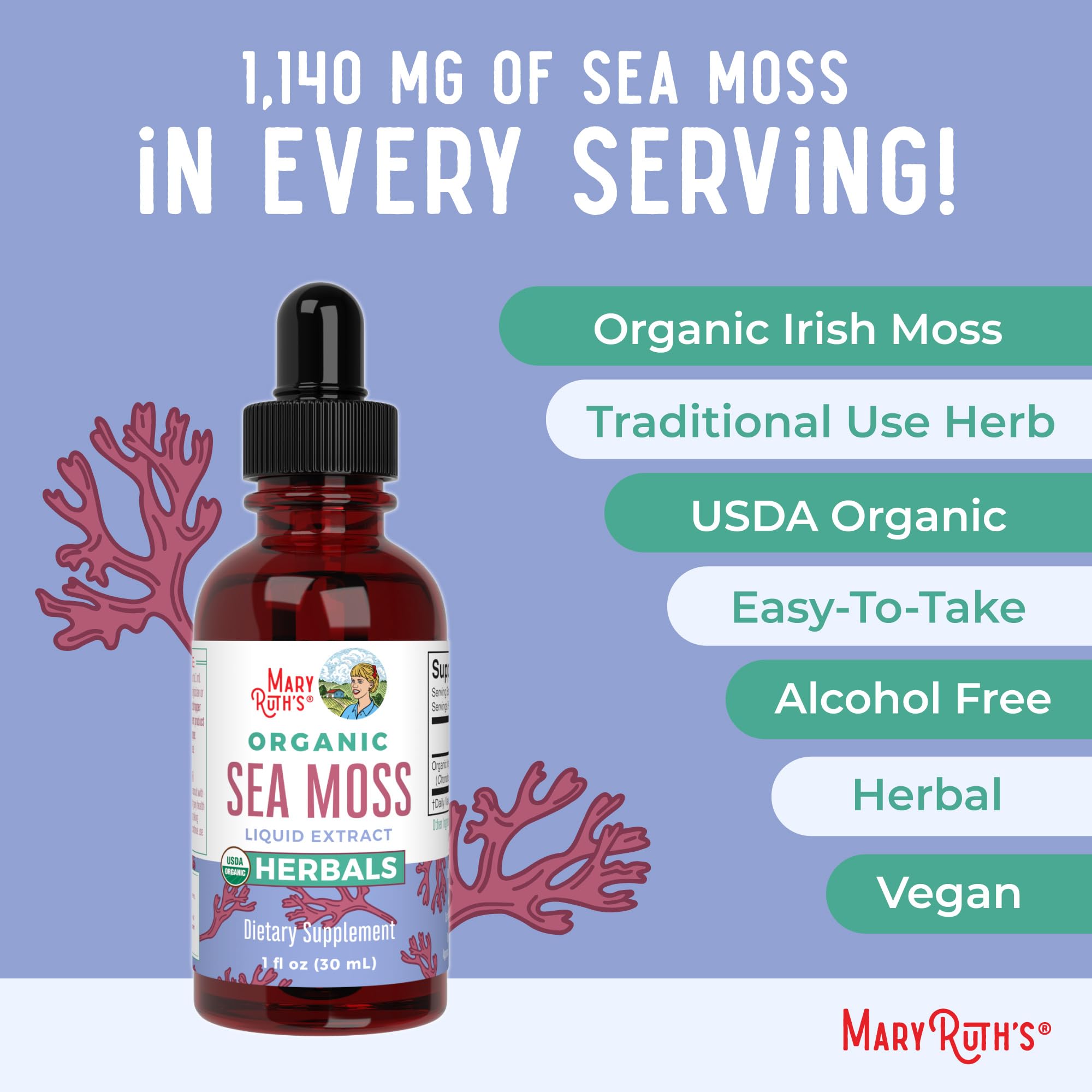MaryRuth Organics Sea Moss Drops packaging emphasizes non-GMO and vegan attributes.