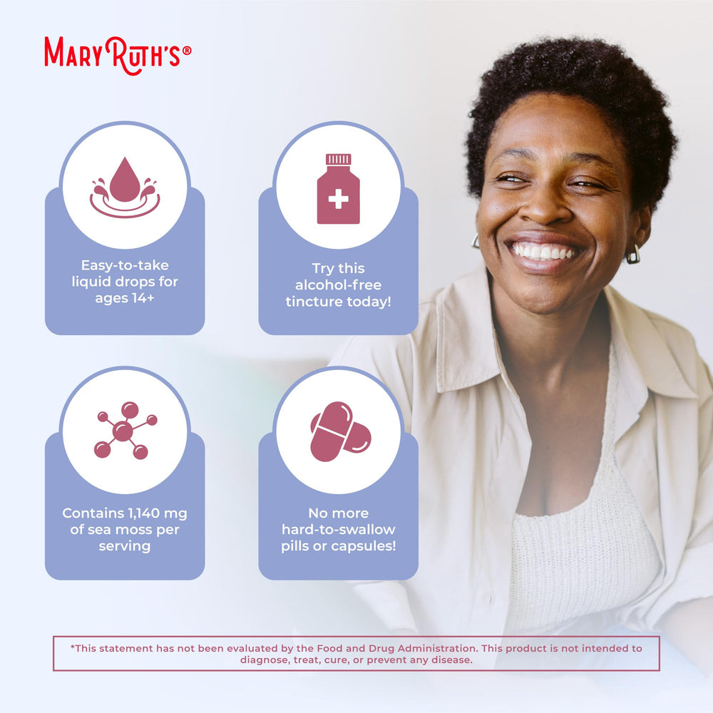 Storage in a cool, dry place keeps MaryRuth Organics Sea Moss Drops fresh.