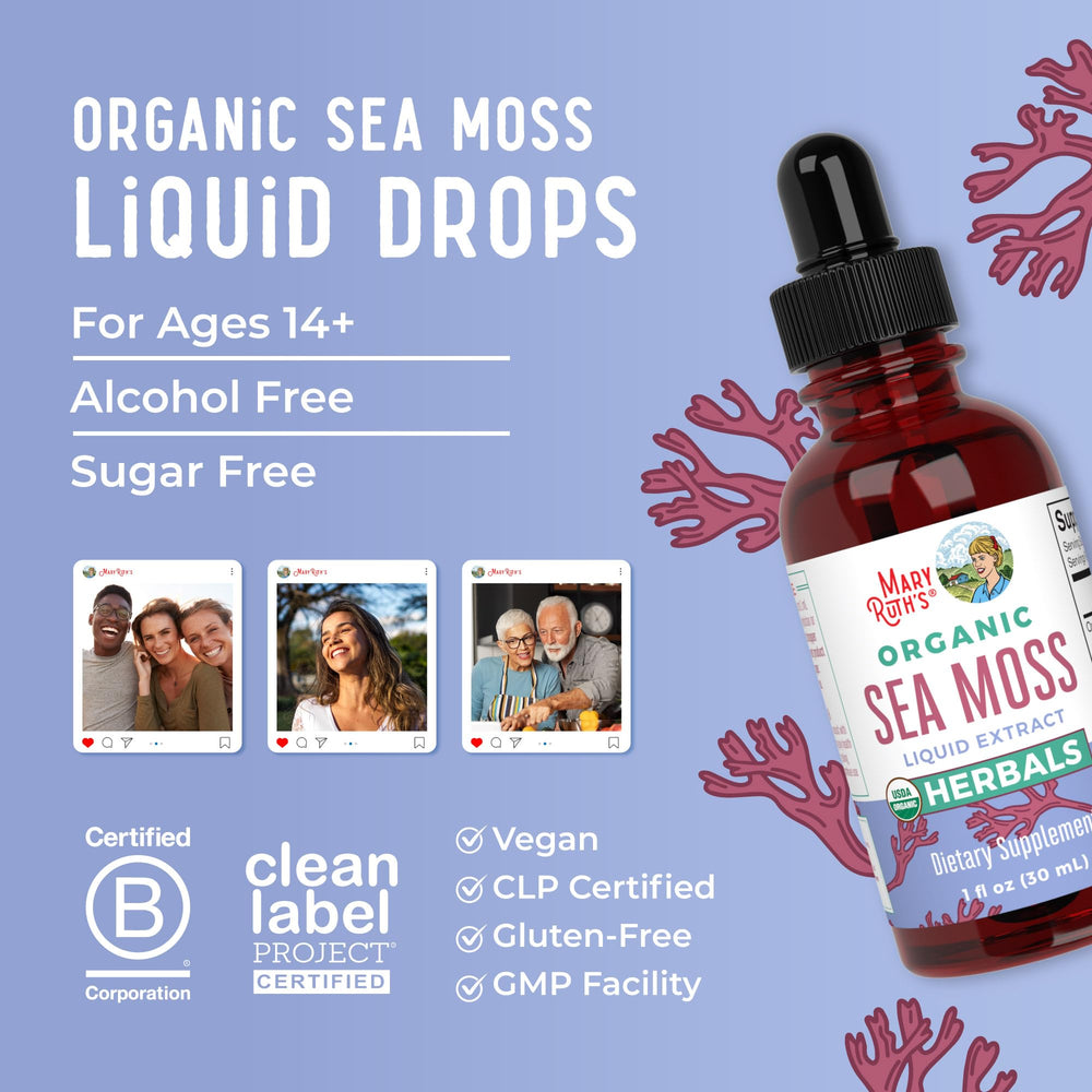 MaryRuth Organics Sea Moss Drops 1 oz bottle ready for travel.