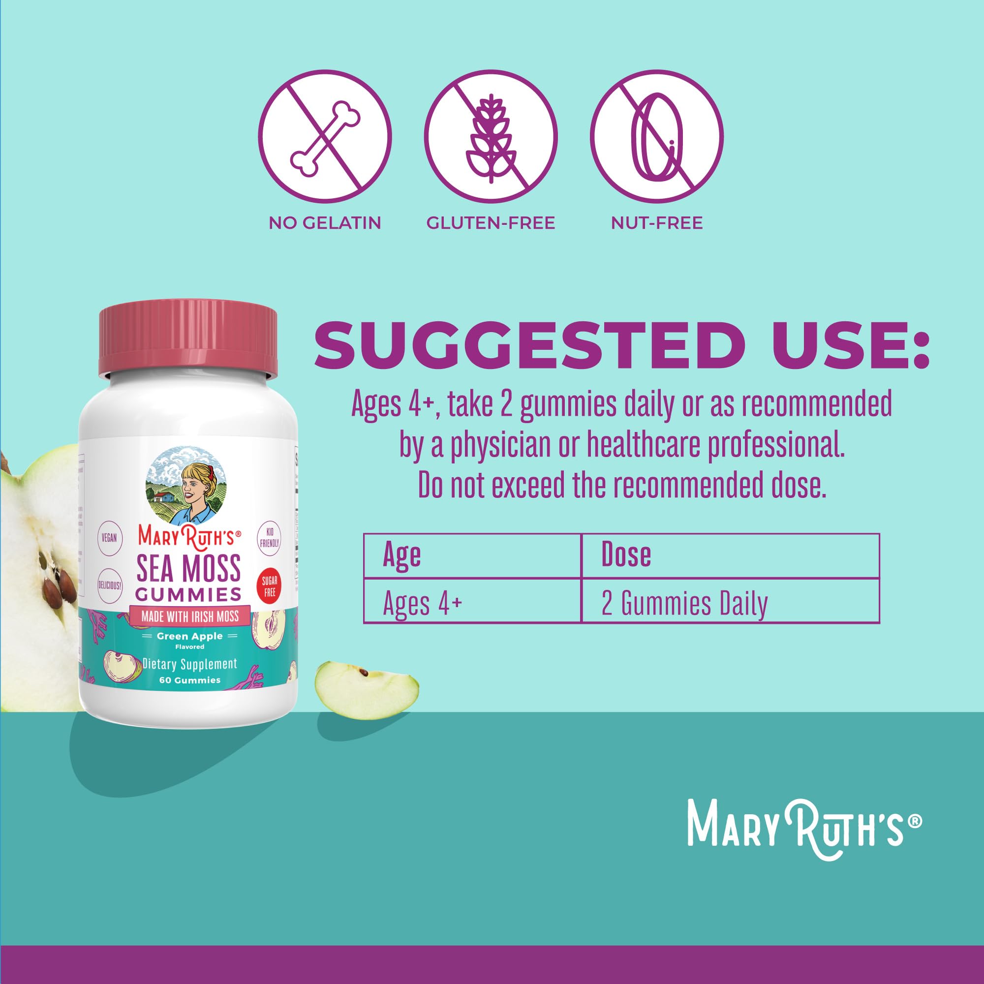 Two gummies daily dose illustration highlighting convenient 50 mg Irish Sea Moss.
