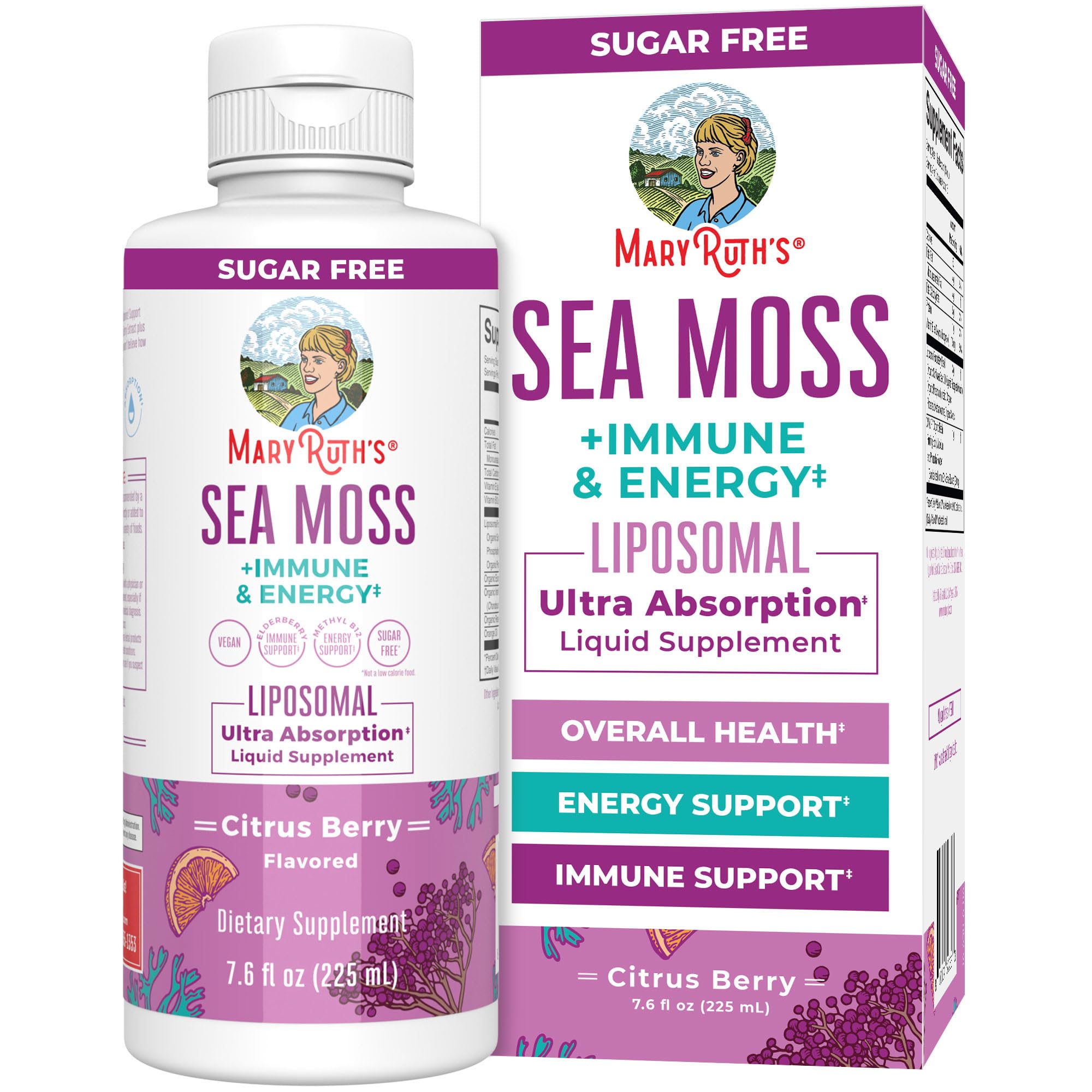 MaryRuth Organics Sea Moss liposomal bottle pour highlighting convenient immune and energy support