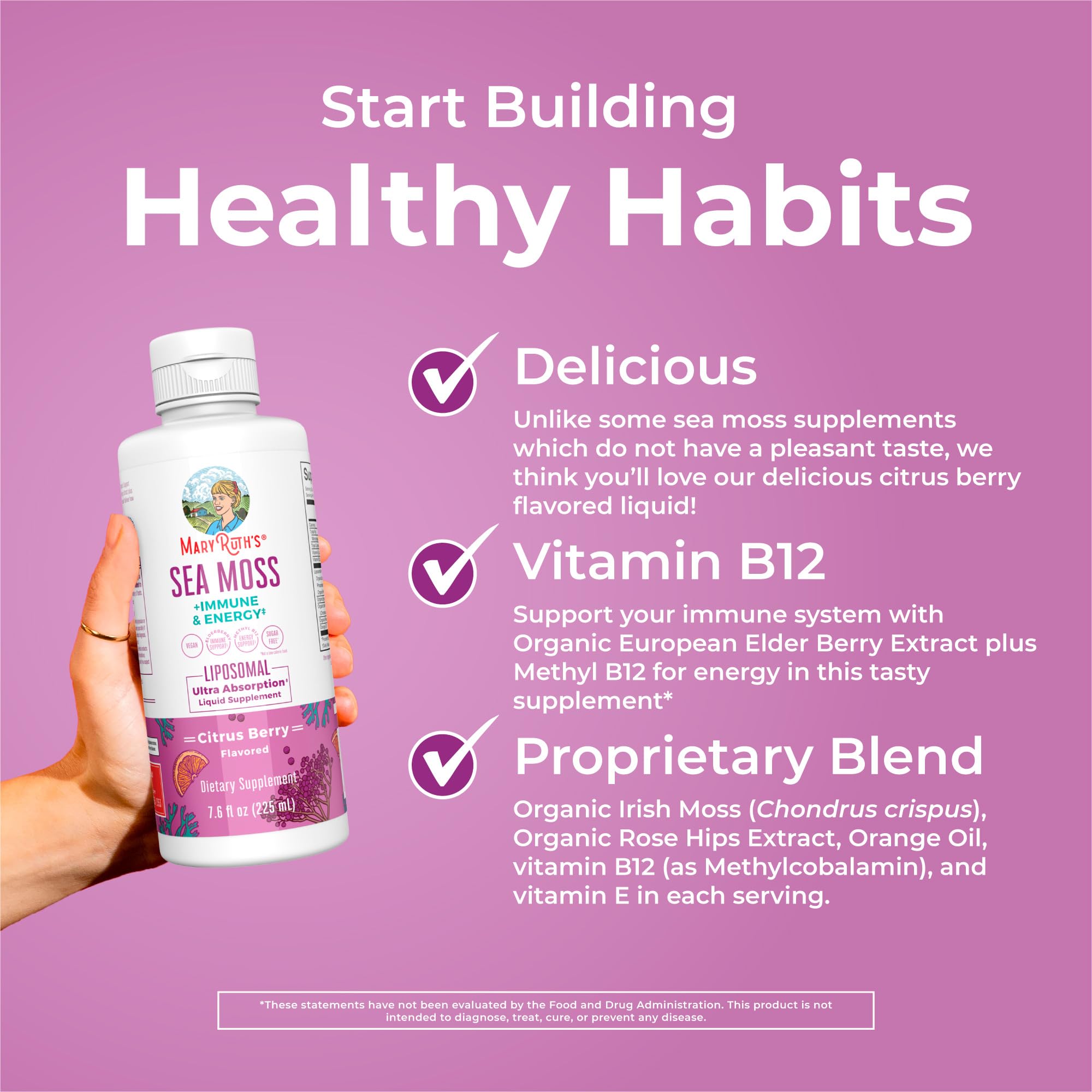 MaryRuth Organics Sea Moss liquid tasting sip showcasing pleasant citrus berry flavor