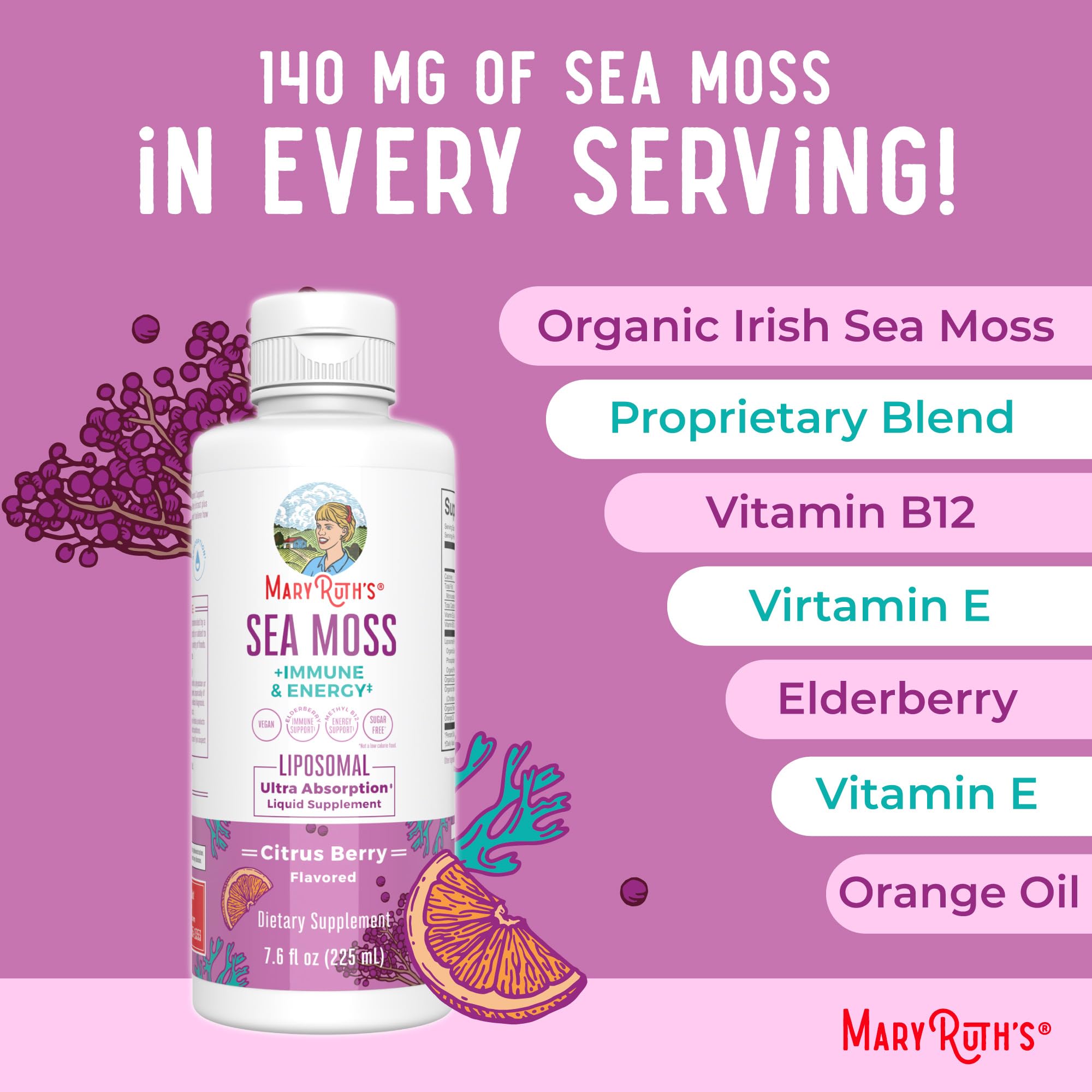 MaryRuth Organics Sea Moss vegan dairy-free gluten-free sugar-free badge on packaging signals allergen-friendly daily use