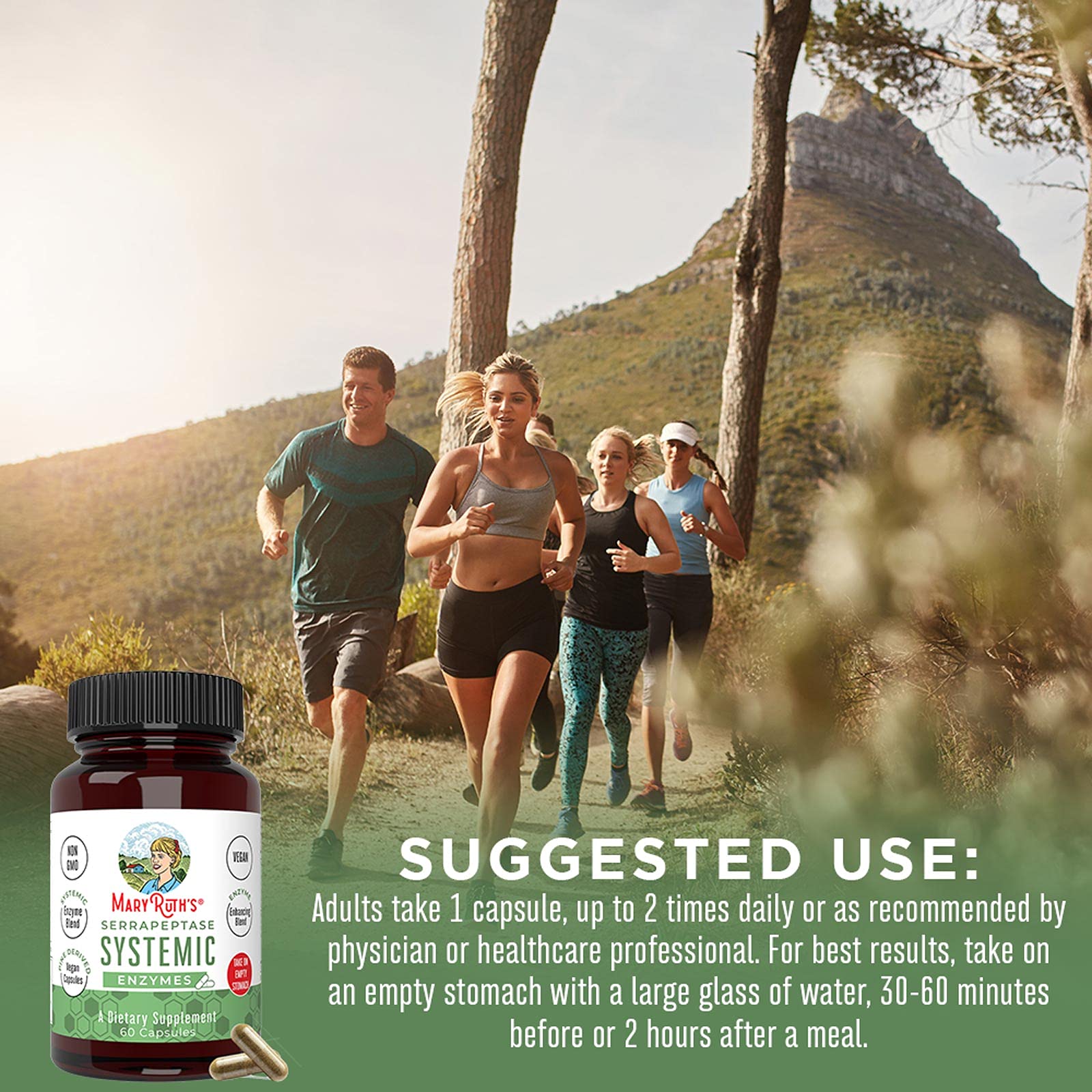 MaryRuth Organics Serrapeptase capsules shown for empty-stomach usage