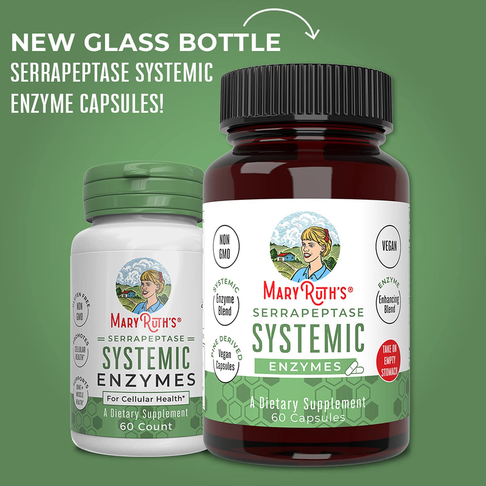 MaryRuth Organics Serrapeptase label close-up highlighting enteric coating for systemic support