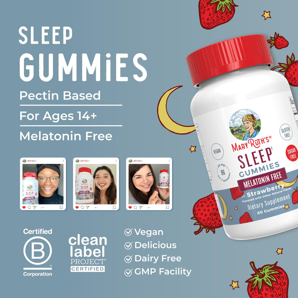Chamomile and lemon balm imagery associated with MaryRuth Organics Sleep Gummies.