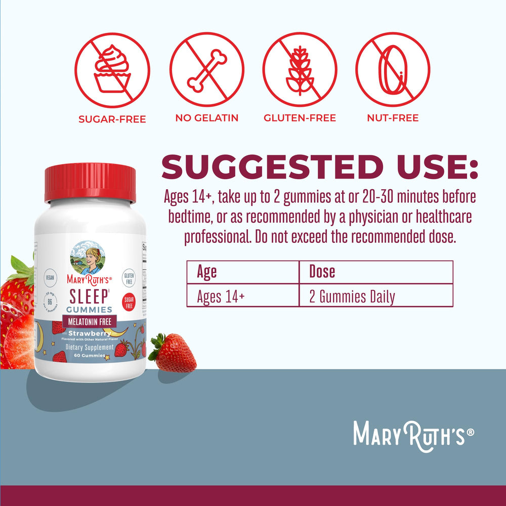 Close-up of MaryRuth Organics Sleep Gummies label highlighting no melatonin.