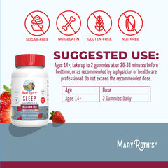 Close-up of MaryRuth Organics Sleep Gummies label highlighting no melatonin.
