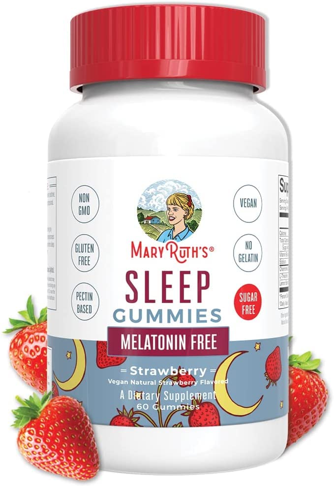 Strawberry-flavored gummies of MaryRuth Organics Sleep Gummies in a soft chew.