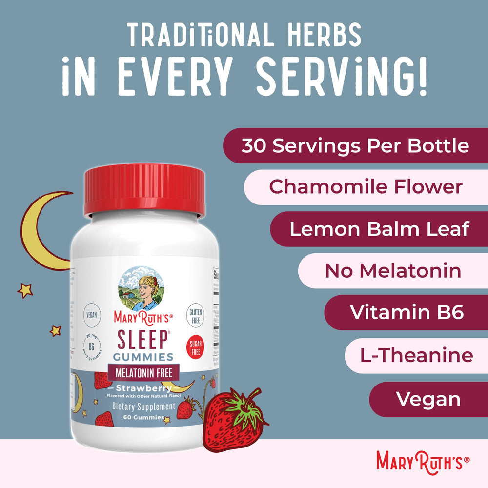 Icons show vegan and gluten-free features on MaryRuth Organics Sleep Gummies packaging.