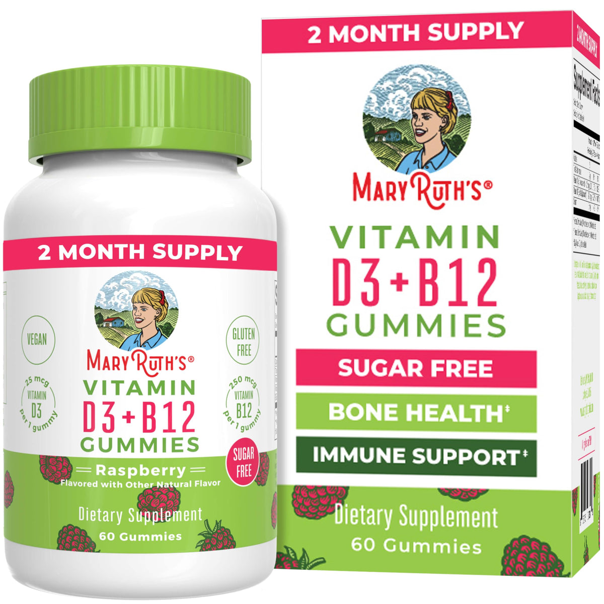 MaryRuth Organics sugar-free D3 B12 gummies raspberry bottle for daily energy and immune support.