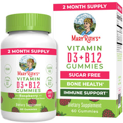 MaryRuth Organics sugar-free D3 B12 gummies raspberry bottle for daily energy and immune support.
