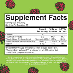 Close-up of raspberry-flavored gummies in MaryRuth Organics bottle highlighting vegan formula.