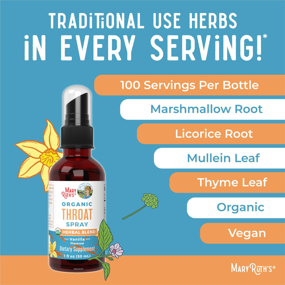 MaryRuth Organics mullein leaf spray bottle highlights throat-supporting herbs.