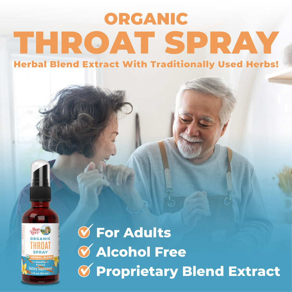 MaryRuth Organics non-GMO label on throat spray bottle.