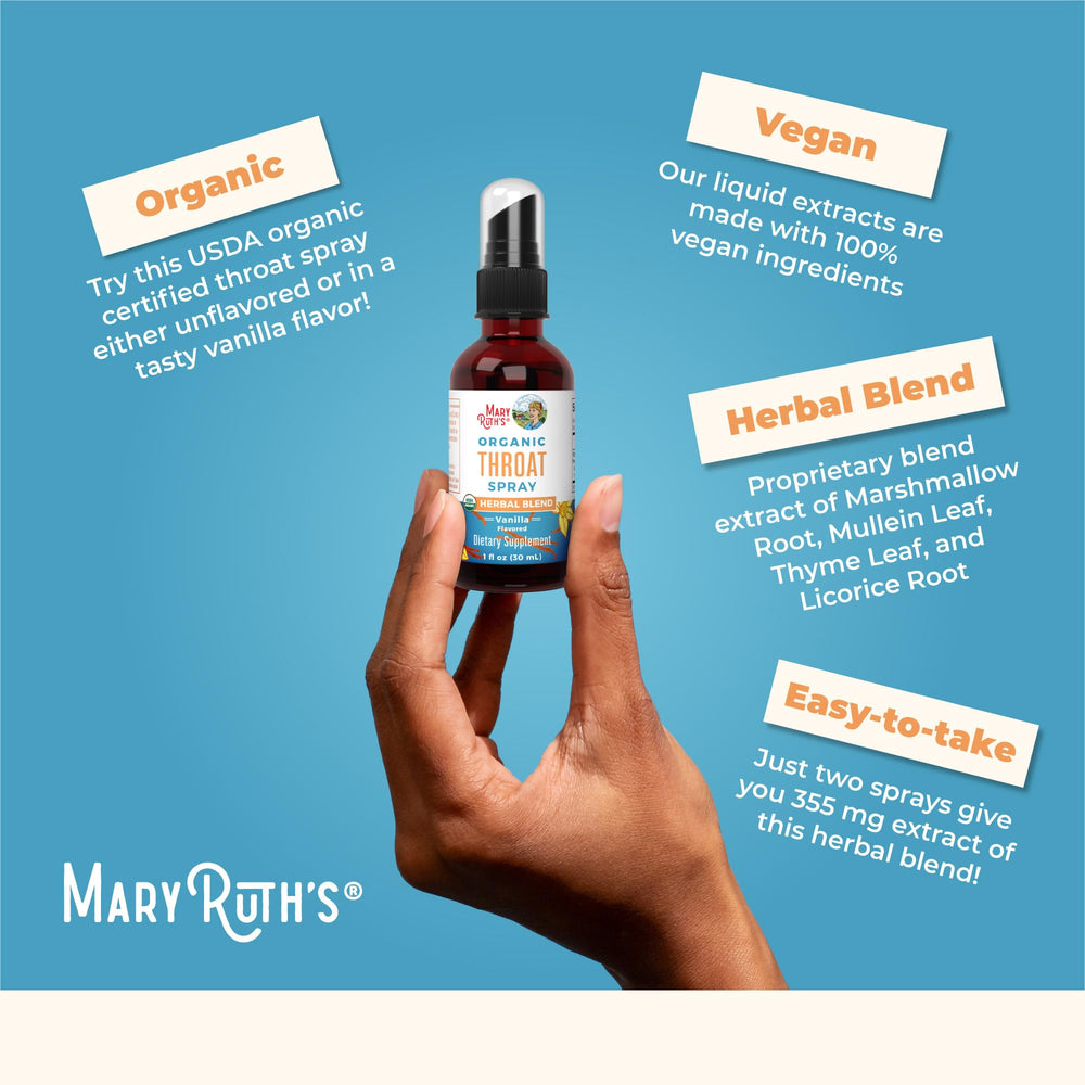 MaryRuth Organics vegan gluten-free stamp on bottle label.