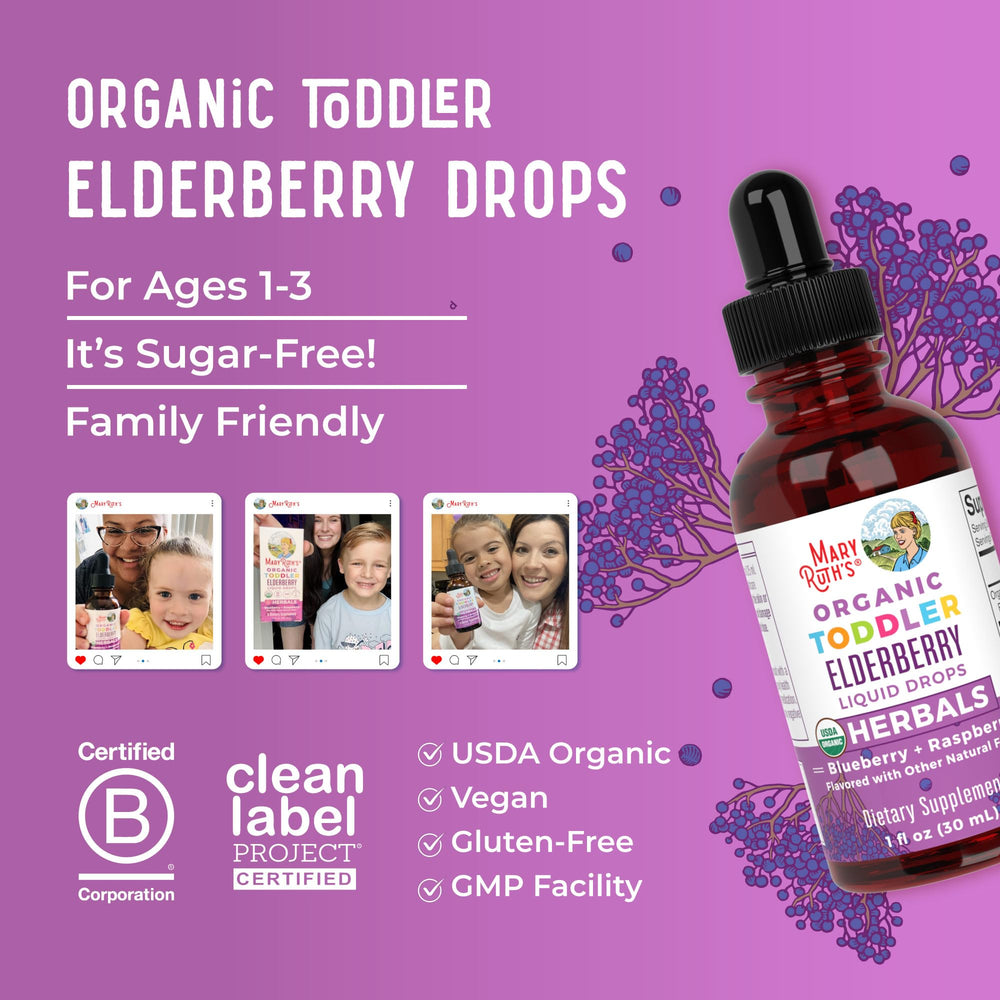 MaryRuth Organics Toddler Elderberry Syrup dairy-free and gluten-free icons on packaging