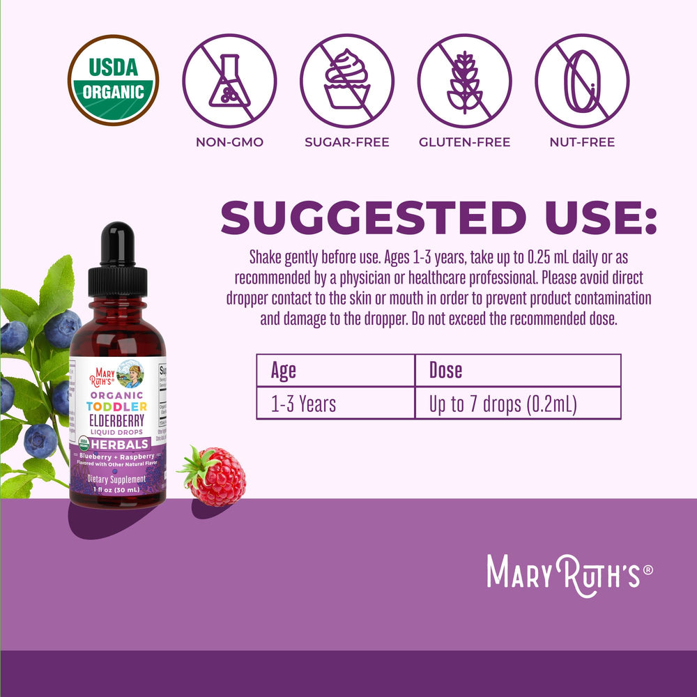 MaryRuth Organics Toddler Elderberry Syrup being poured into water or juice for easy serving