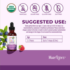 MaryRuth Organics Toddler Elderberry Syrup being poured into water or juice for easy serving