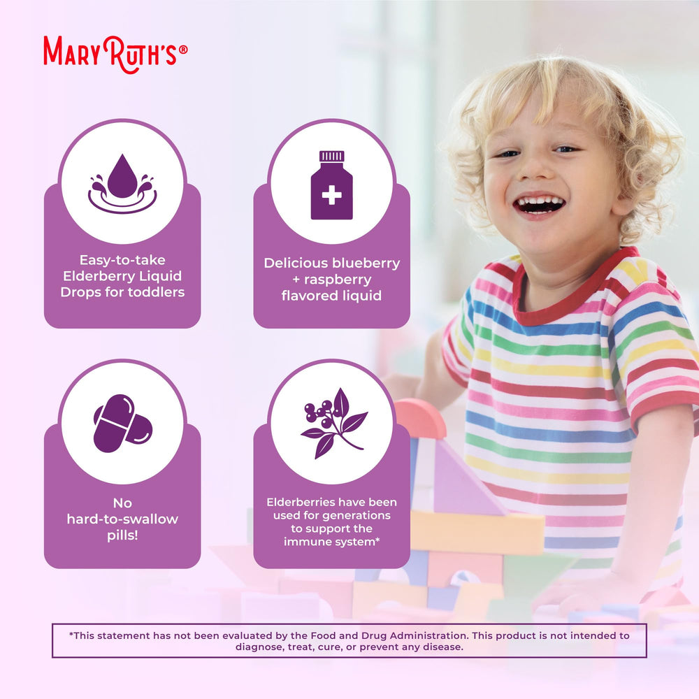 MaryRuth Organics Toddler Elderberry Syrup vegan and non-GMO certifications shown on bottle