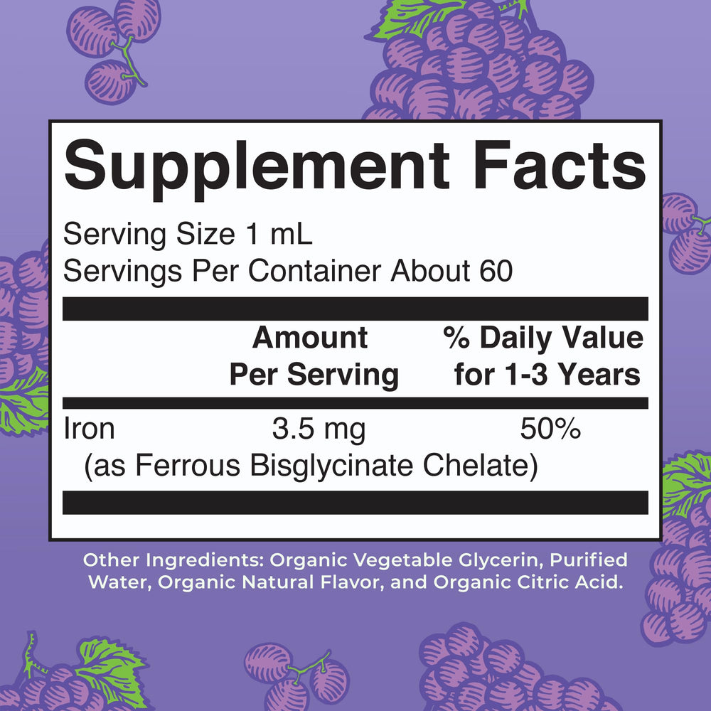 Close-up of grape-flavored iron liquid drops ready to measure for toddlers.
