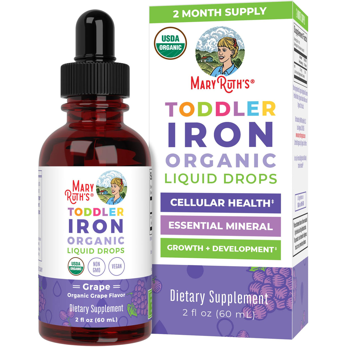 MaryRuth Organics Toddler Iron Liquid bottle with grape flavor for daily iron support.