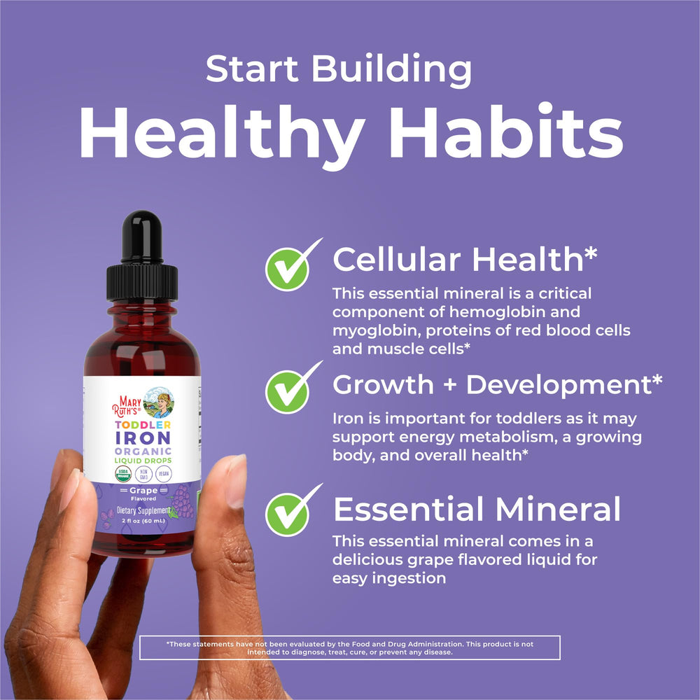 Label on MaryRuth Organics iron bottle highlights organic, vegan, and sugar-free features.