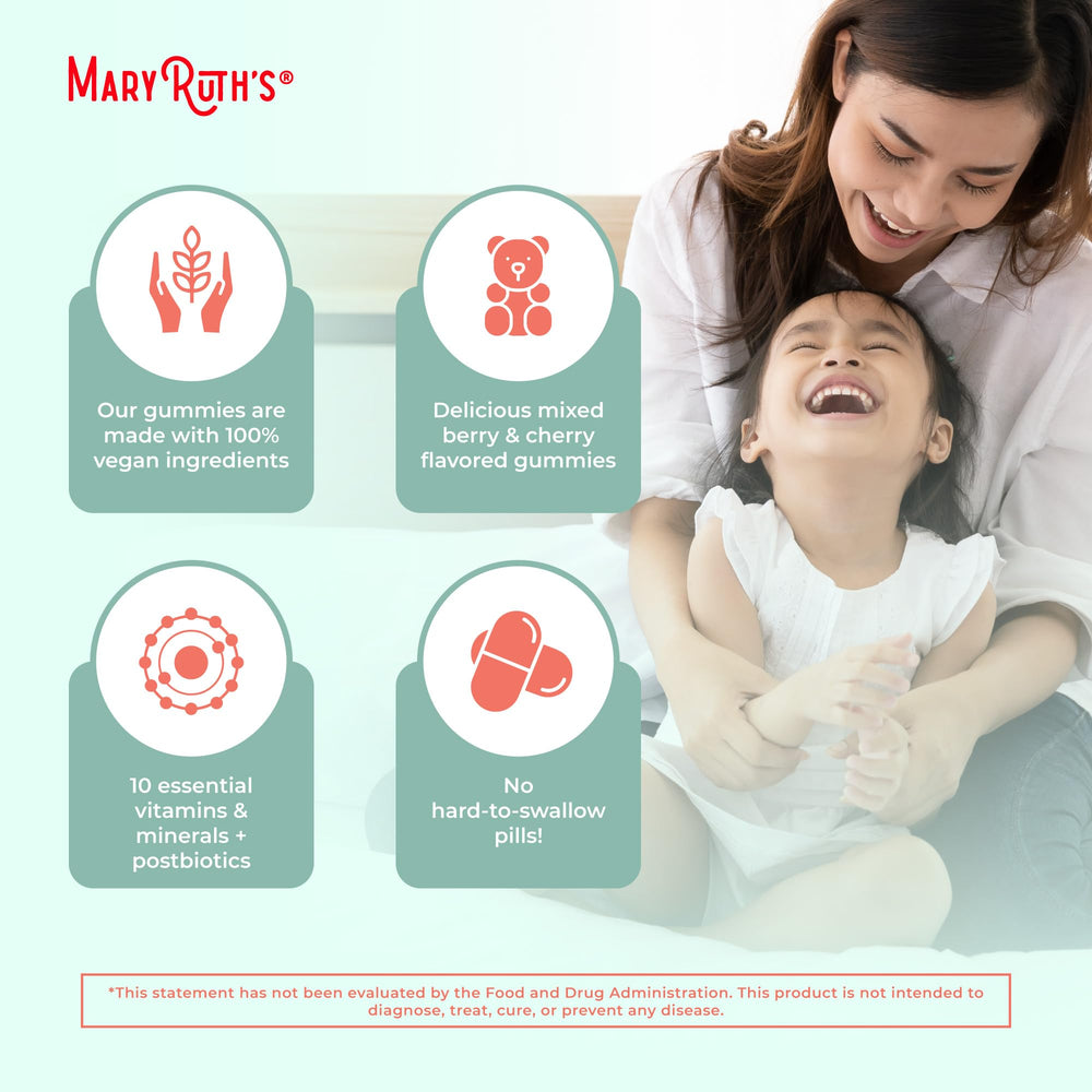 MaryRuth Organics gummy packaging highlighting GMP facility production.