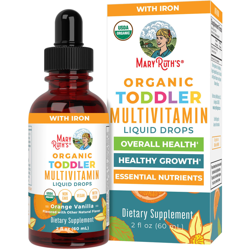 MaryRuth Organics Toddler Multivitamin Iron bottle promotes balanced nutrition for kids.