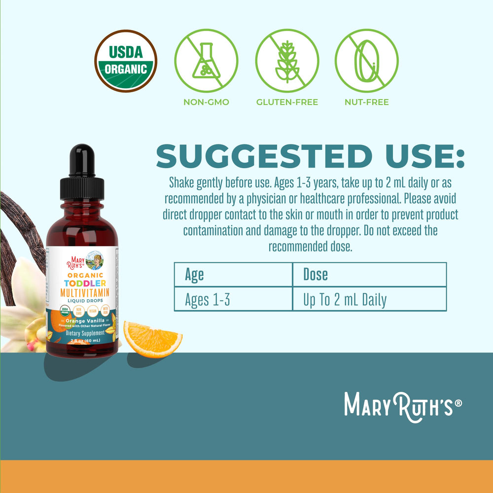 MaryRuth Organics toddler drops with dropper dispense shows easy daily routine.
