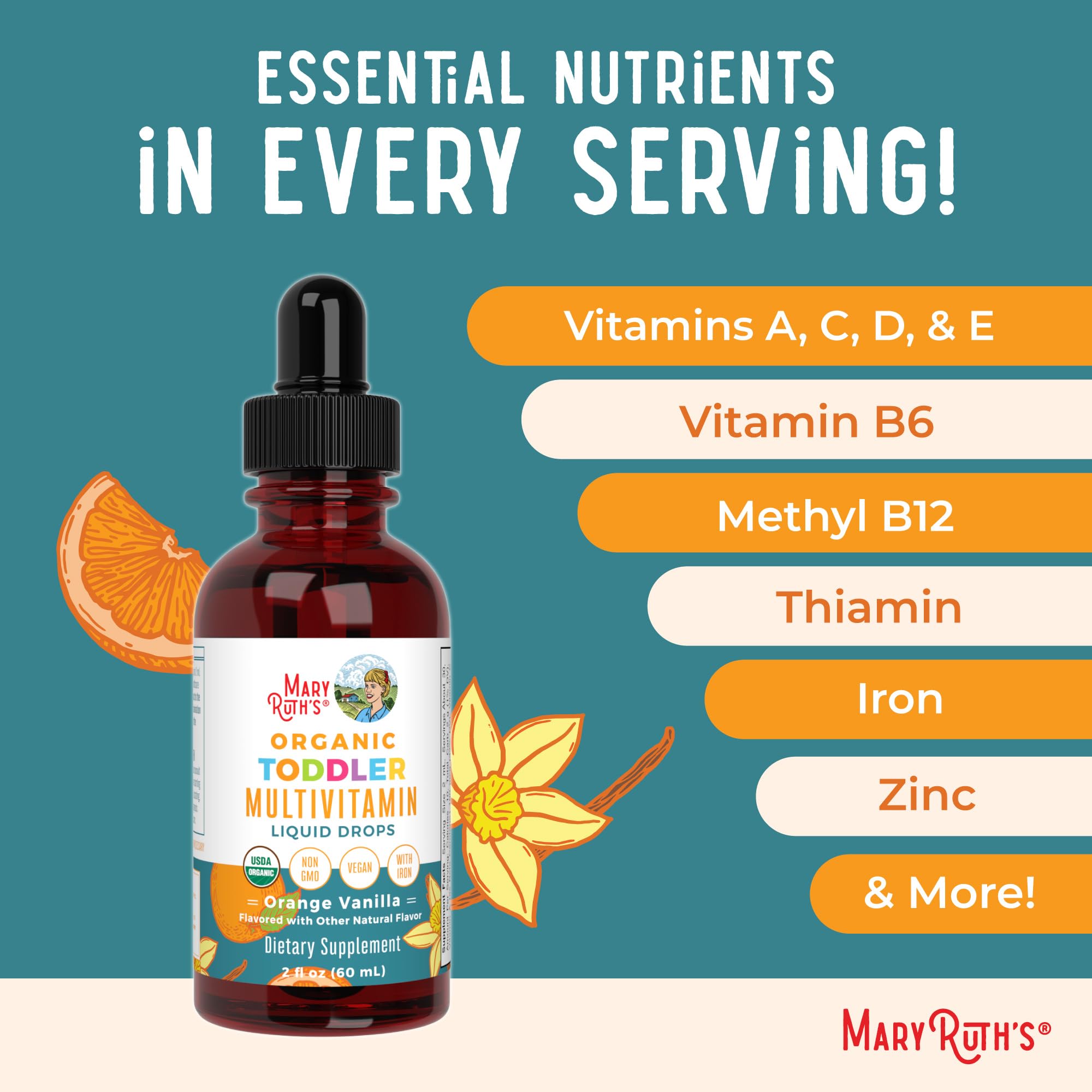MaryRuth Organics toddler multivitamin vegan-non-gmo badge visible on bottle.