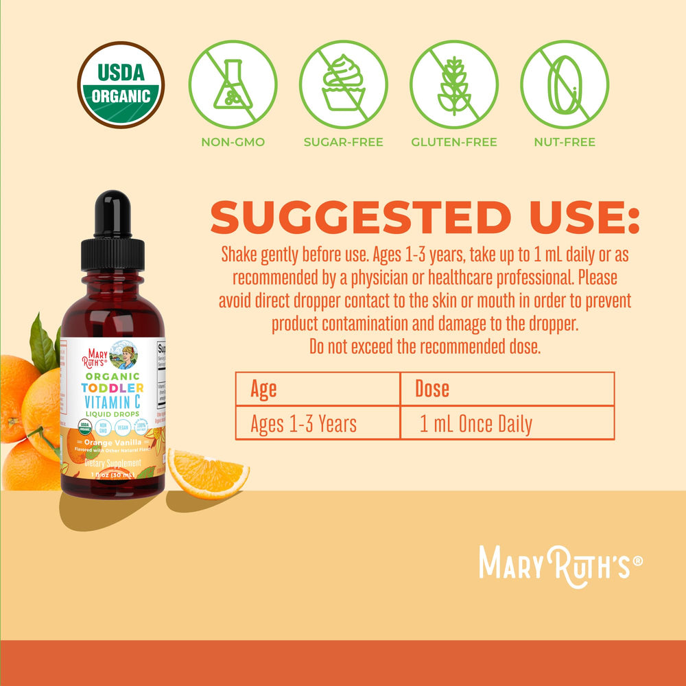 Close-up of MaryRuth Organics Toddler Vitamin C Drops bottle with orange-vanilla flavor focus