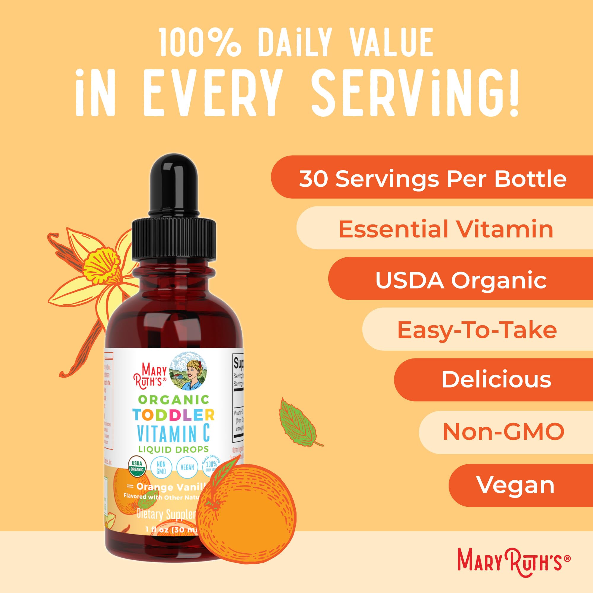 Packaging of MaryRuth Organics Toddler Vitamin C Drops emphasizing vegan and allergen-free traits