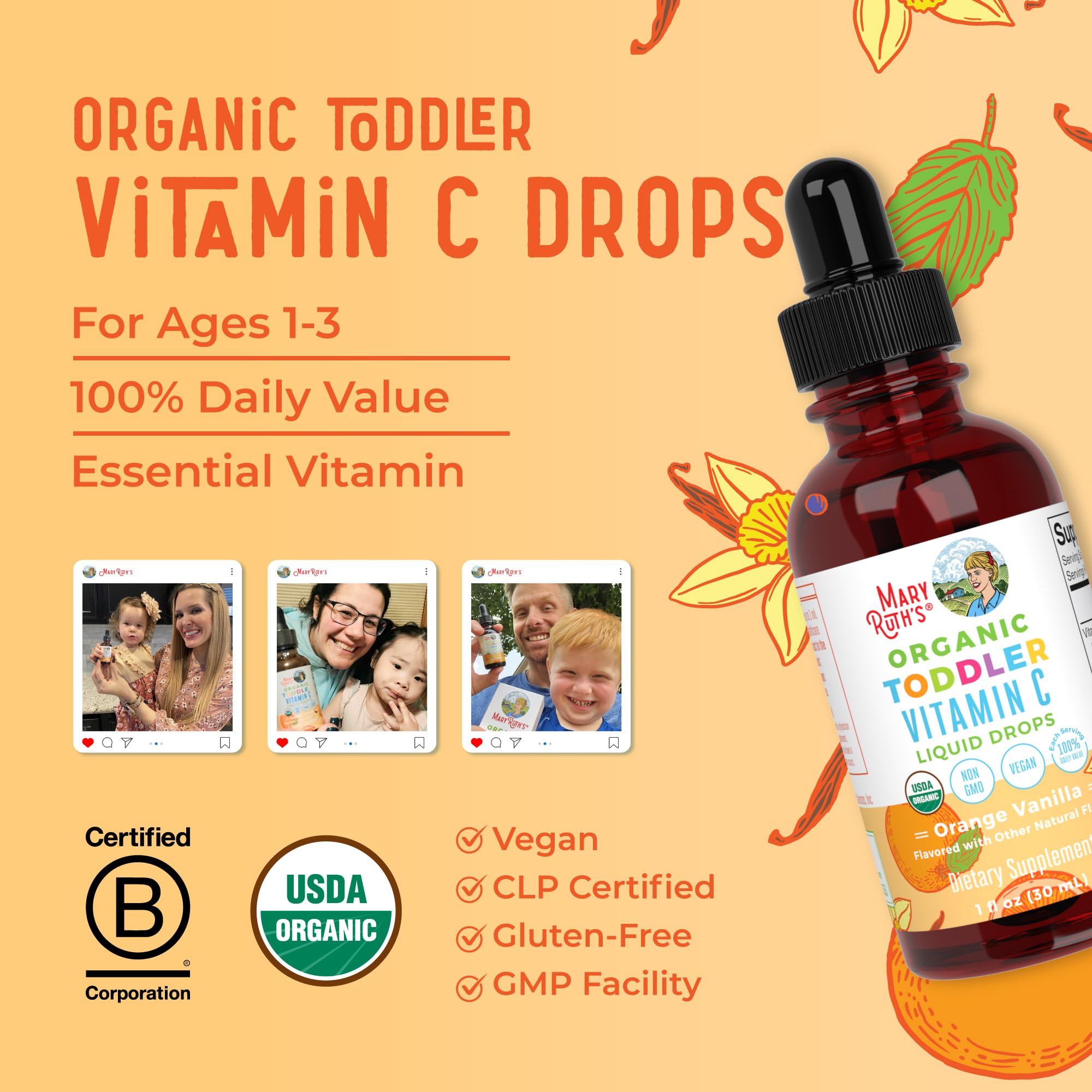 Label highlights vegan, non-GMO, gluten-free aspects of MaryRuth Organics Toddler Vitamin C Drops