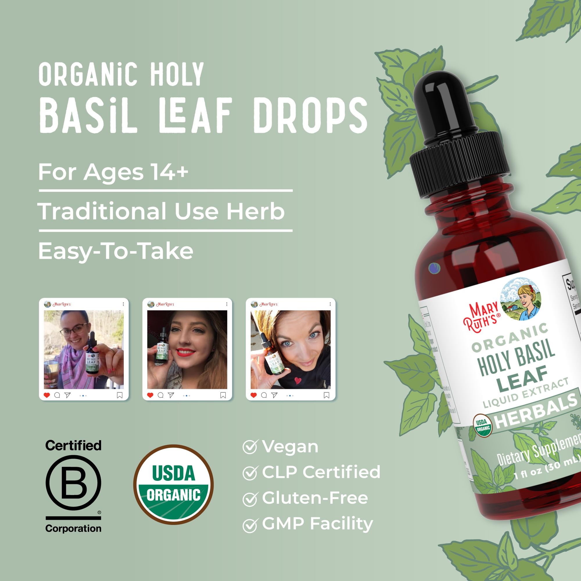 MaryRuth Organics Tulsi liquid used in daily wellness ritual