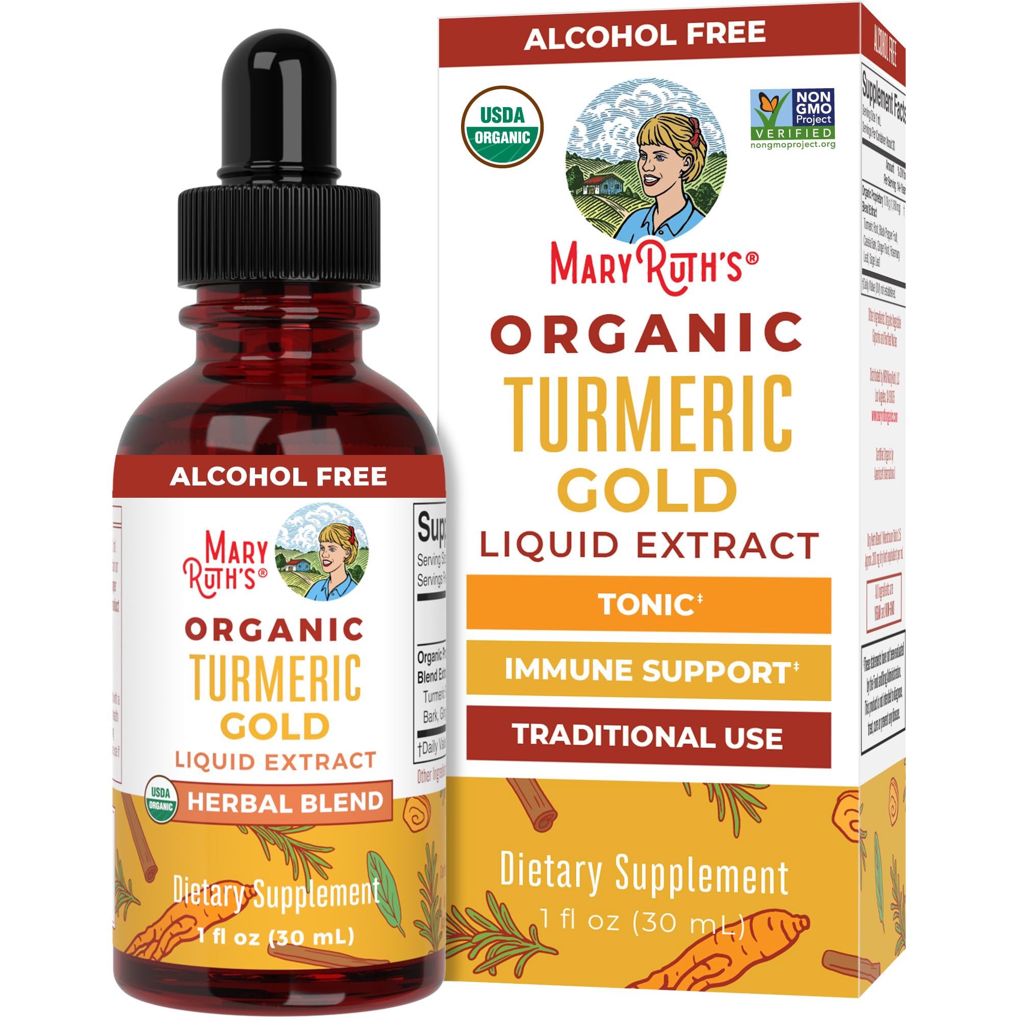 MaryRuth Organics Turmeric Gold bottle front highlighting the herbal blend for daily wellness