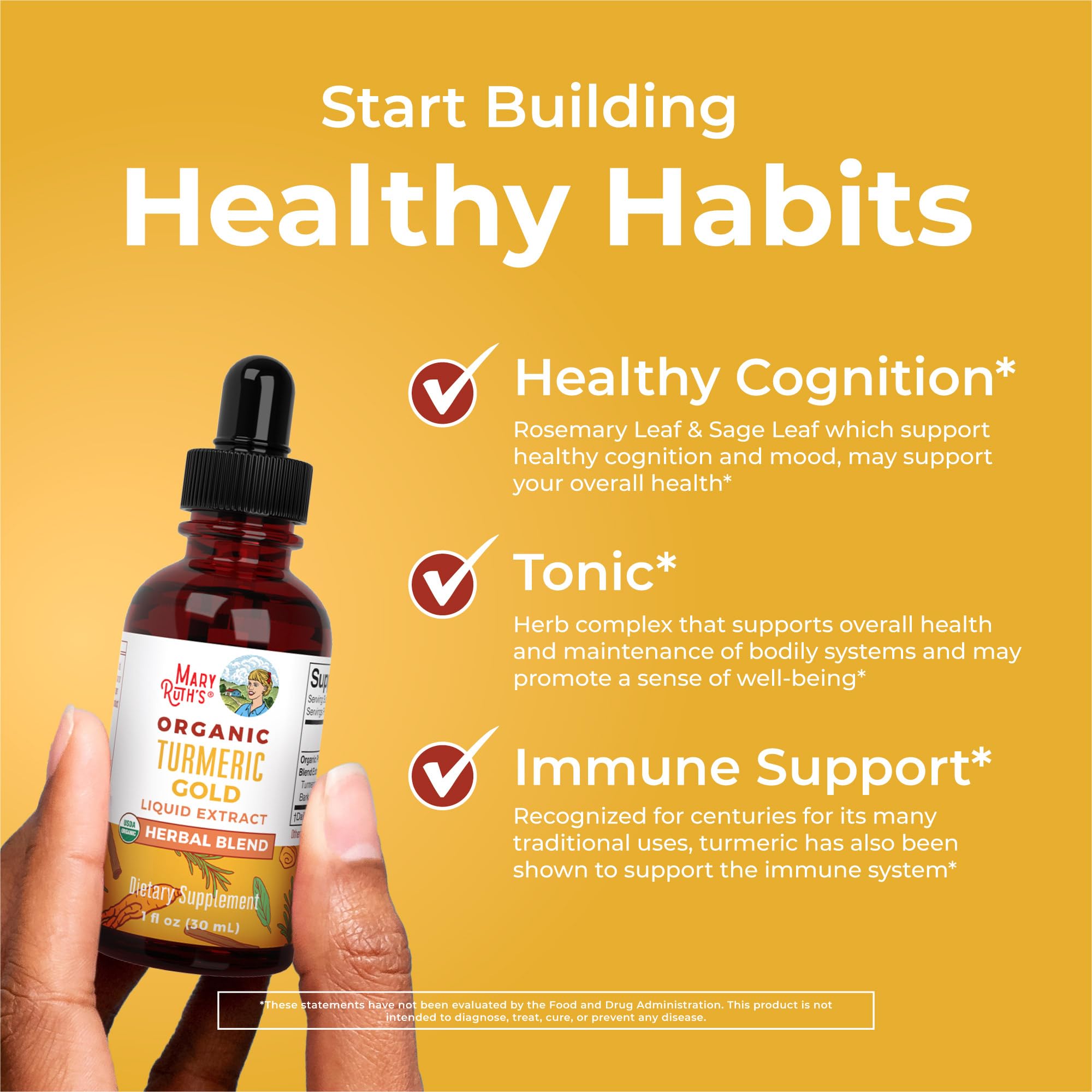 MaryRuth Organics Turmeric Gold bottle-pour demonstrates convenient daily dosing