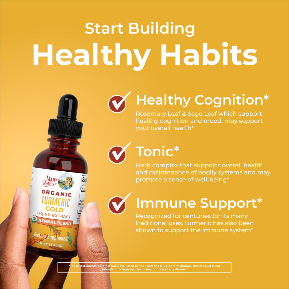 MaryRuth Organics Turmeric Gold bottle-pour demonstrates convenient daily dosing