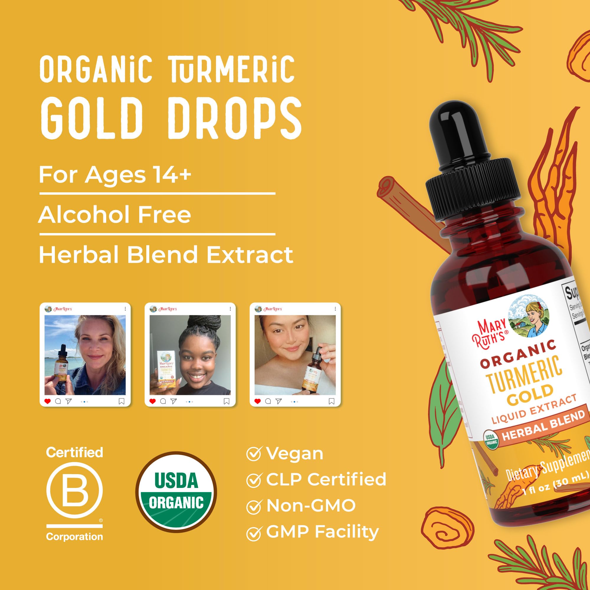 MaryRuth Organics Turmeric Gold certification icons reflect USDA Organic and Non-GMO verification