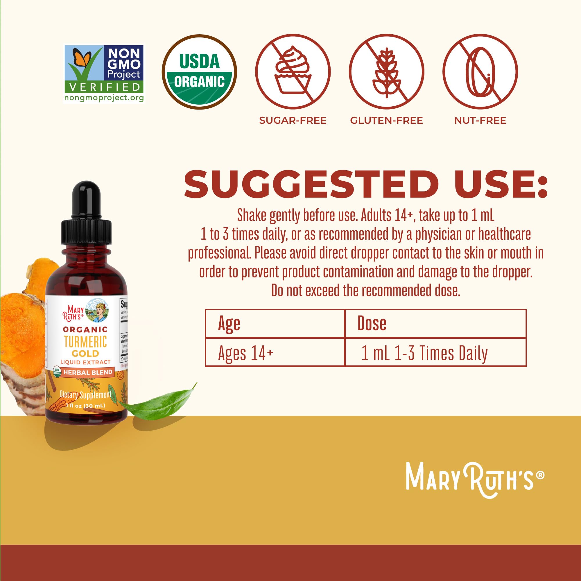 MaryRuth Organics Turmeric Gold usage directions outline 1 mL per dose