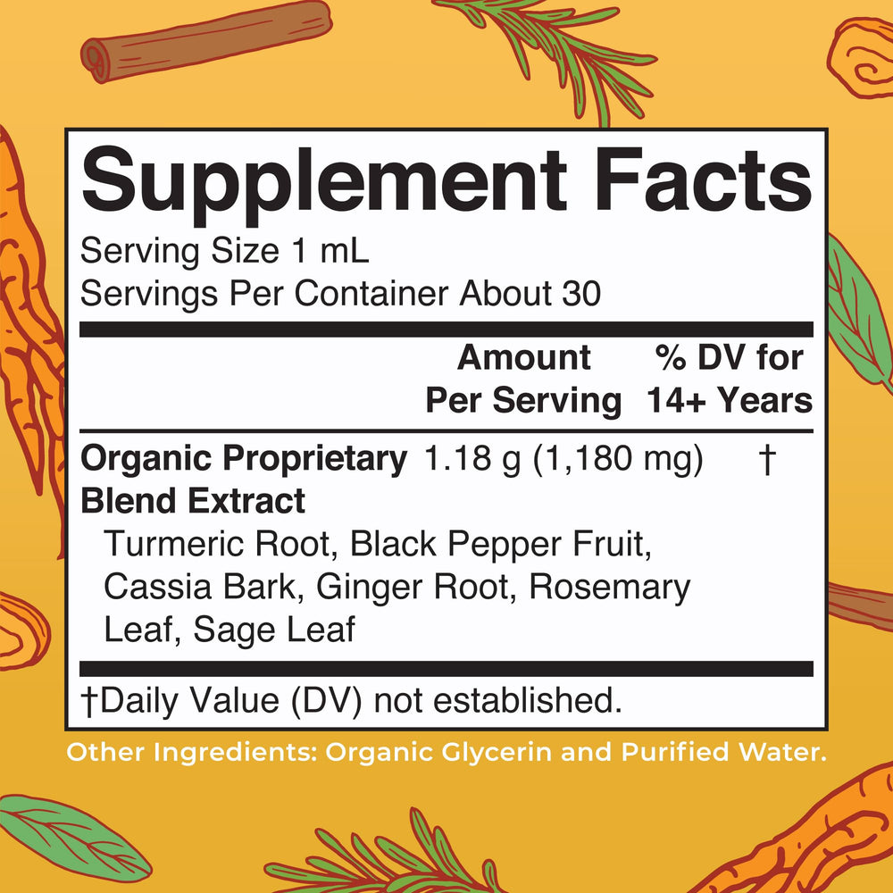 MaryRuth Organics Turmeric Gold ingredients panel lists turmeric, pepper, cinnamon, ginger, rosemary, sage