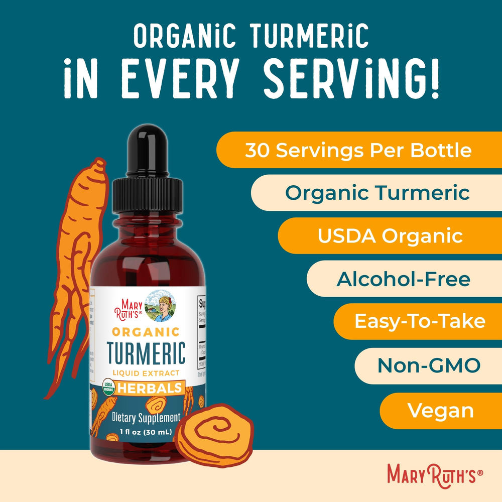 MaryRuth Organics turmeric liquid extract bottle with visible golden hue.